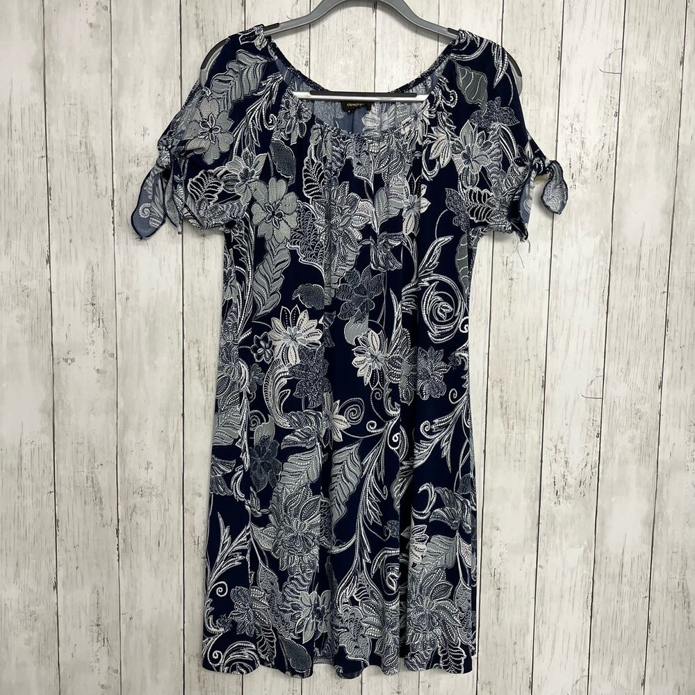 Espresso Navy Floral Print Cold Tie Shoulder Flowy Shift Dress